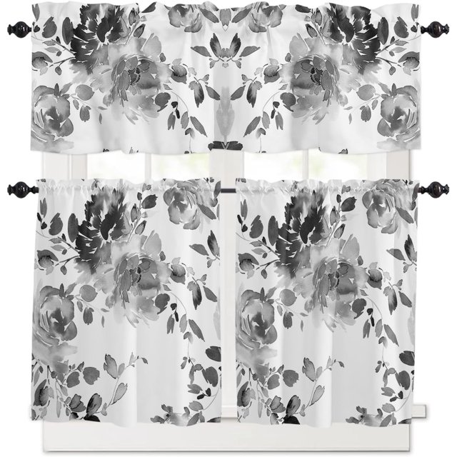 Watercolor Black Grey Floral Kitchen Curtains Set 3 Piece for Windows Curtains Valances and Tier Curtains 36 Inch Length, Rod Pocket Drapes Abstract Printed Curtains for Living Room Bedroom Bathroom