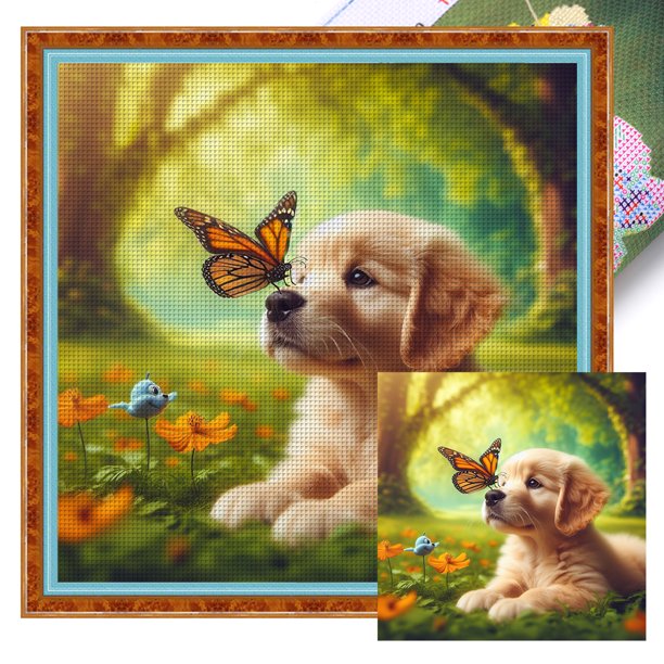Kit Punto Cruz Con Perro Hilo Algodón Ecológico Bordado 14CT 40x40cm