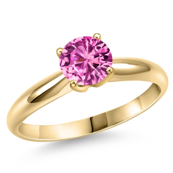 Gem Stone King 14K Yellow Gold Pink Created Sapphire Engagement Ring for Women | 1.66 Cttw | Round 7MM | Gemstone September Birthstone | Size 8
