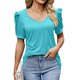 thumbnail image 1 of Top de manga corta abombada para mujer, Color puro, cuello en V, corte holgado, informal, elegante, jersey de verano, Top azul lago XL, 1 of 6
