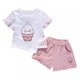 thumbnail image 1 of Conjunto de 2 piezas de verano para niña de 1 a 5 años con apliques de rayas y paneles asimétricos con volantes de algodón y lino, manga corta y pantalones cortos, 1 of 5