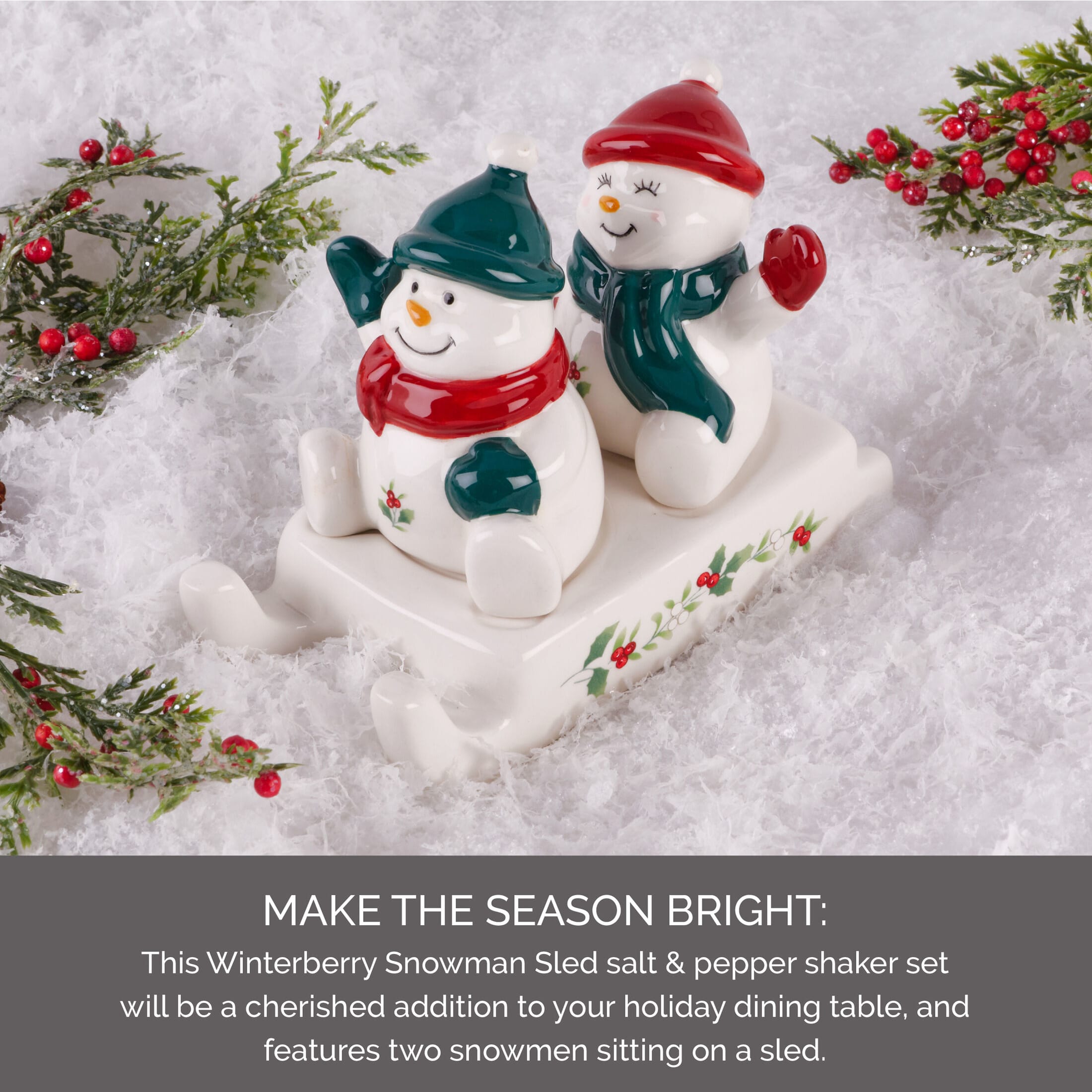 Pfaltzgraff Winterberry Dolomite Salt and Pepper Shaker Snowman Sled