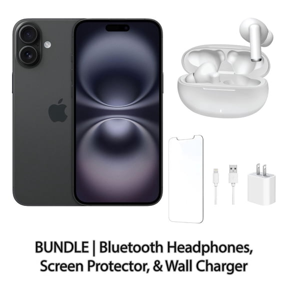 Restored Apple iPhone 16 128GB Black Fully Unlocked Bundle with Bluetooth Headphones, Screen Protector, & Wall Charger