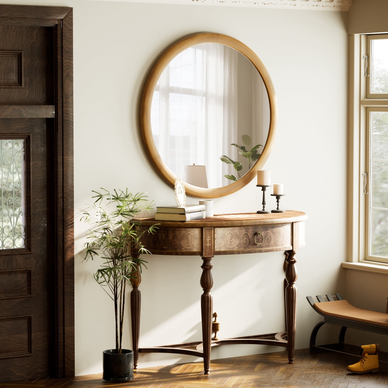 Easy4Home 24" x 24" Round Bathroom Mirror Wall Decor with Wooden Frame, Natural Wood