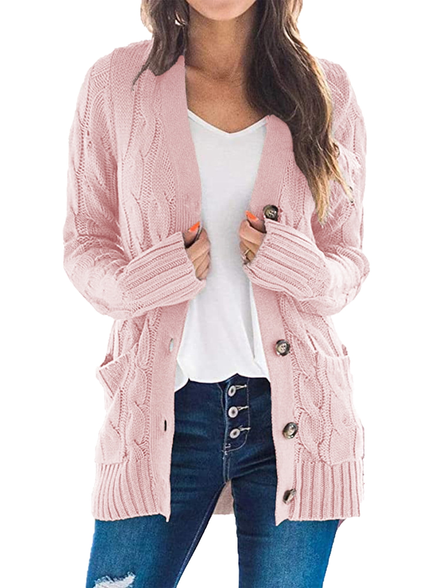 Womens Long Sleeves Chunky Cable Knit Cardigan Coat Button Casual Outwear Jacket