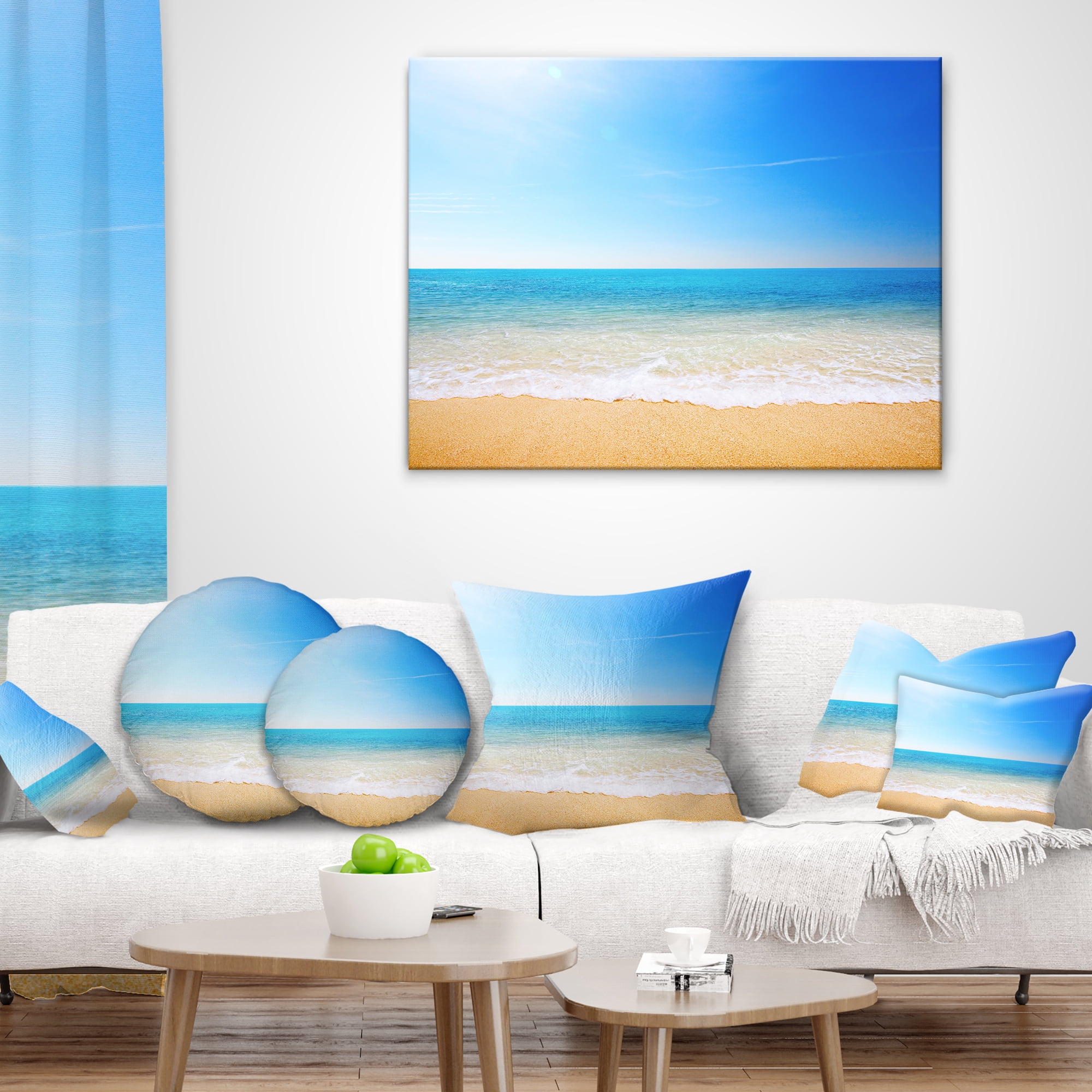 Designart Blue Waves at Tropical Beach - Seashore Photo Throw Pillow - 18x18