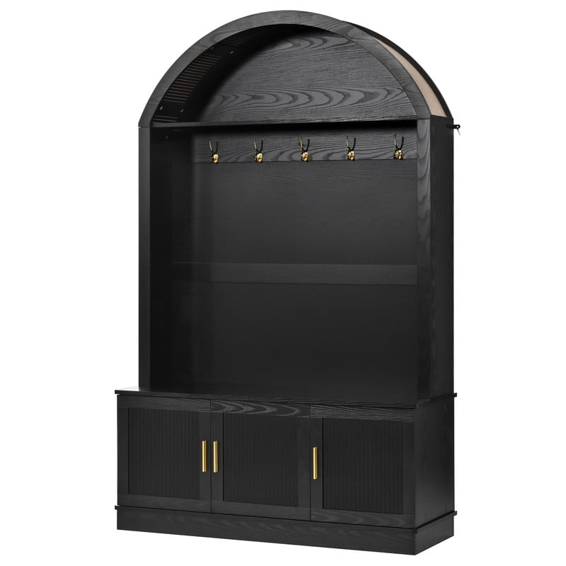 Farmhouse Hall Tree with Arched Top, Mid-Century Fluted Door Entryway Bench with Storage Cabinets & Adjustable Shelves, Coat Rack with 5 Metal Hooks for Hallway