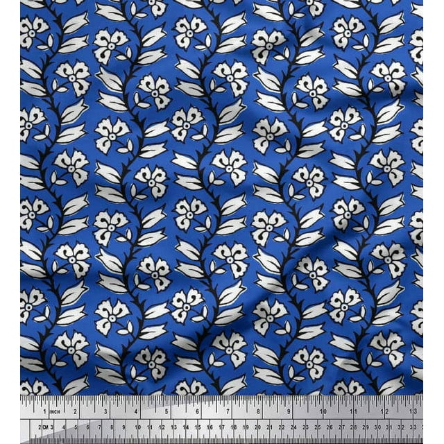 Soimoi Crepe Silk Fabric Leaves & Floral Block Printed Fabric 1 Yard 42 Inch Wide