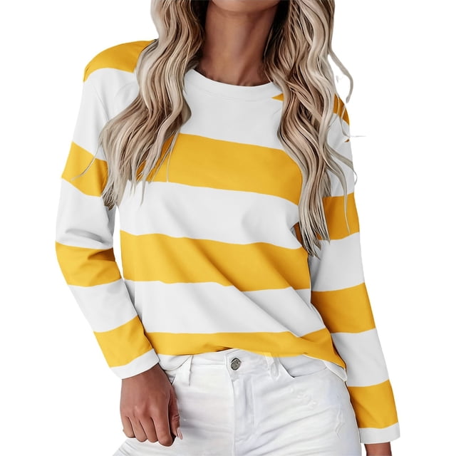 ManxiVoo T-Shirt à Manches Longues à Rayures Imprimées pour Femme, Col Rond, Confortable, T-Shirt Graphique d'Automne, Blouse Légère, Taille TG, Jaune