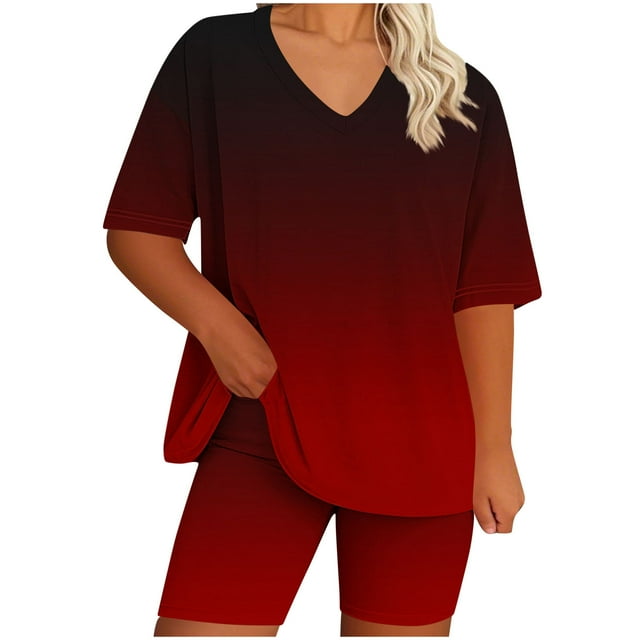 Womens Pajamas Two Piece Plus Size Lounge Sets Gradient Oversized Tshirt Slim Shorts Sleepwear Pjs Weekend Red, XL