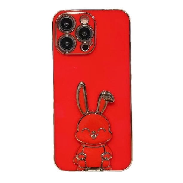 Funda de teléfono de conejo creativo rojo, cubierta galvanizada con anillo de soporte de escritorio para iPhone 14, 13, 12, 11 Pro Max, X, XS, XR Fivean unisex