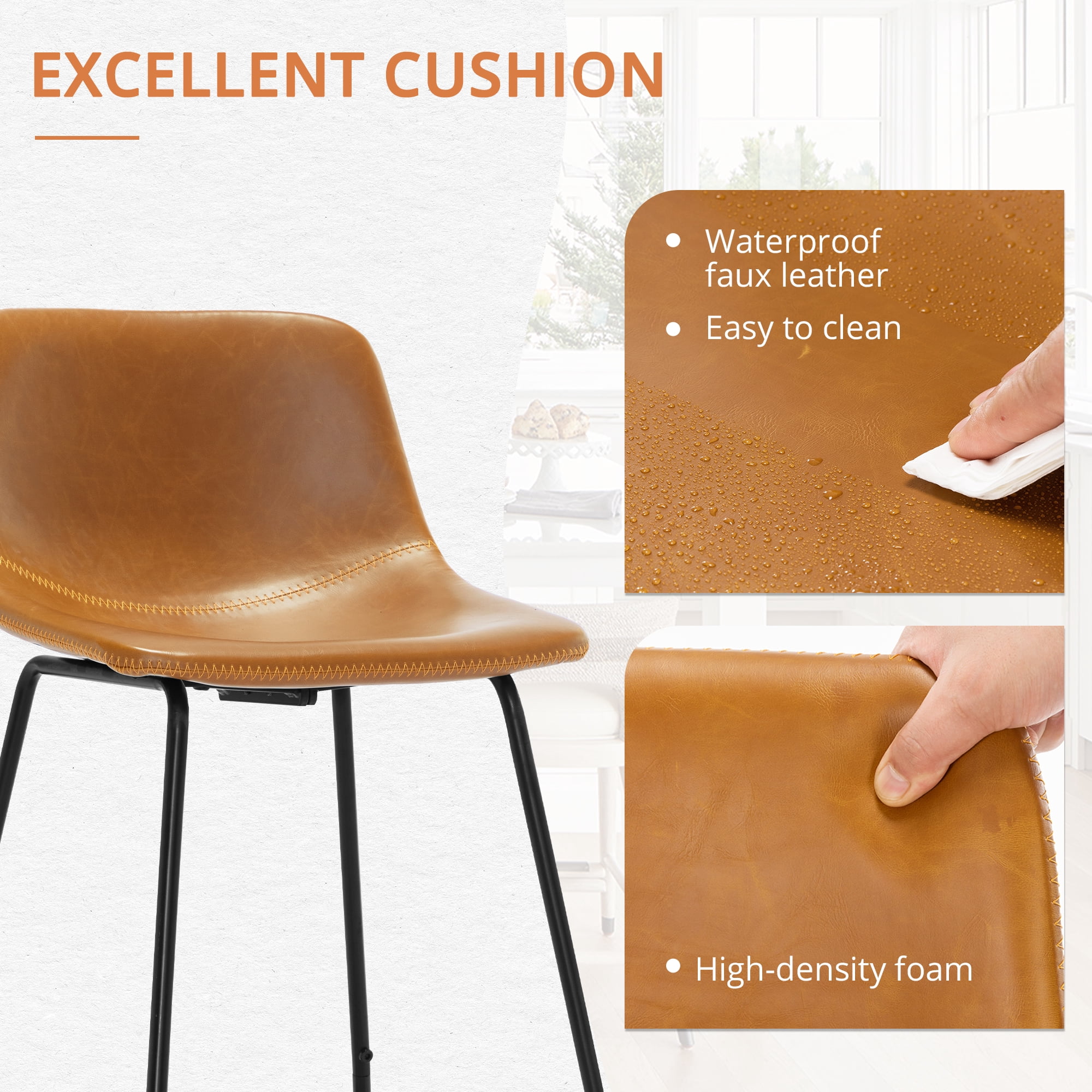 DYCANPO 24" Bar Stools Set of 3, Faux Leather, Whisky Brown, Comfortable and Durable for Kitchen Island
