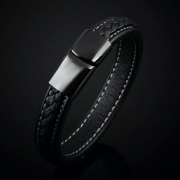 HOOUN Black Genuine Leather Bracelet Wristband Stainless Steel Fashion Men's Jewelry