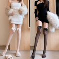 thumbnail image 4 of Women Summer Transparent Silky Thigh High Stockings Sweet Bowknot Frilly Ruffle Lace See-through Mesh Ta Kawaii Over Knee Long Socks, 4 of 5