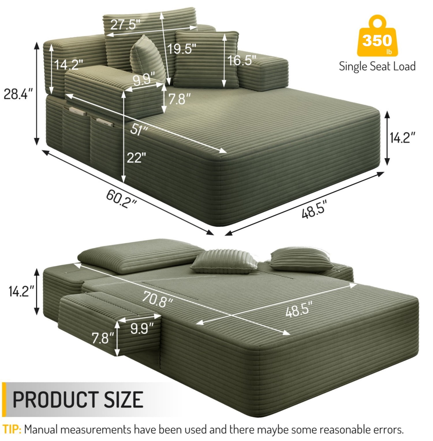 Aukfa Chaise Lounge Chair Indoor, Oversized Corduroy Boneless Sleeper Sofa Bed with Storage Pockets, Adjustable Backrest&3 Pillows, Reading Couch for Living Room Apartment, Green