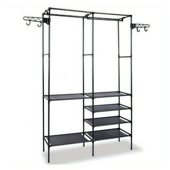 66'' Black Metal Clothing Rack - 4-Tier Portable Wardrobe with 2 Hanging Rods, Freestanding Multifunctional Garment Organizer