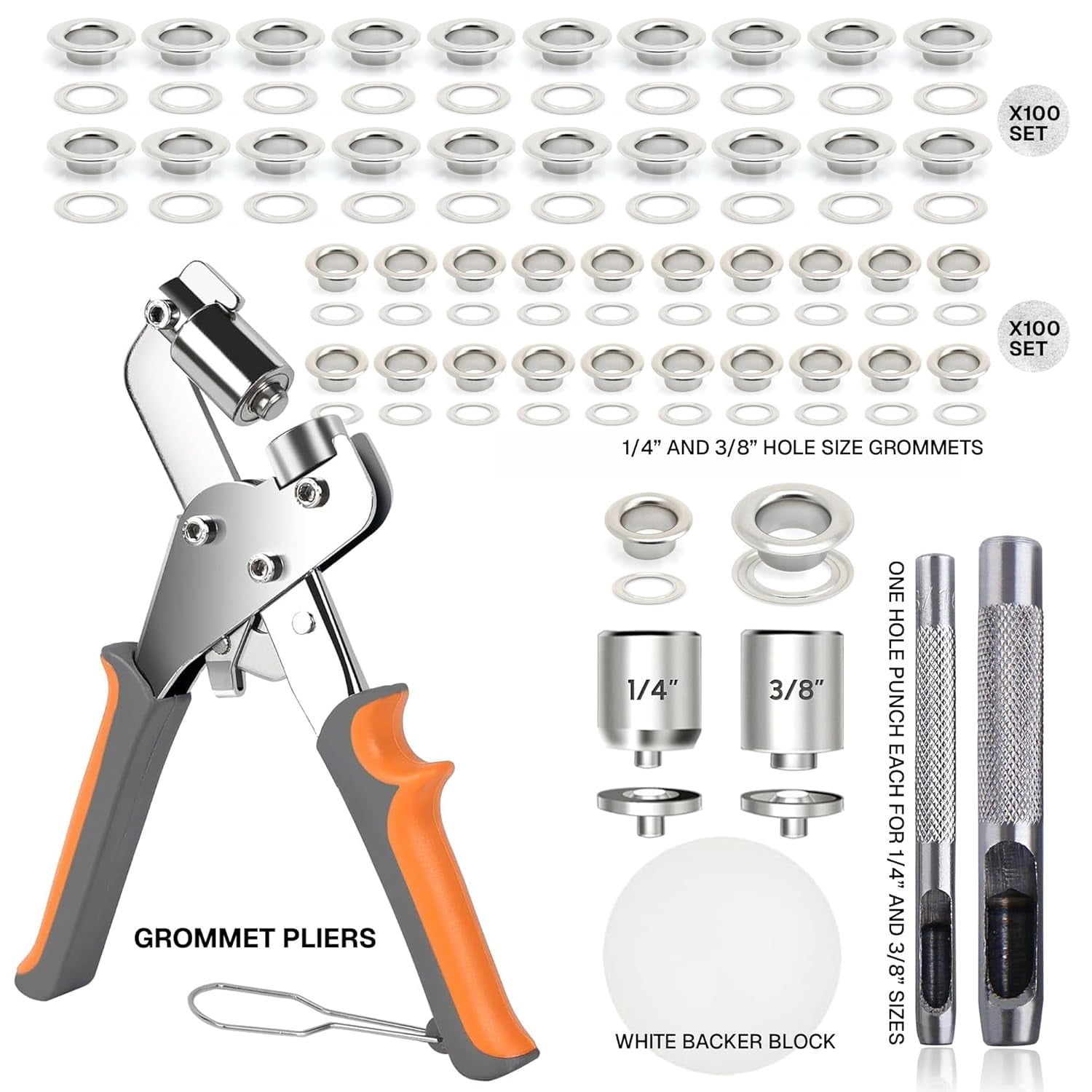 Grommet Tool Kit with 200 Silver Grommets, 3/8 and 1/4 inch Double Head Pliers, for Tarps, Fabric Rings, Leather, Tents, Vinyl, Canvas