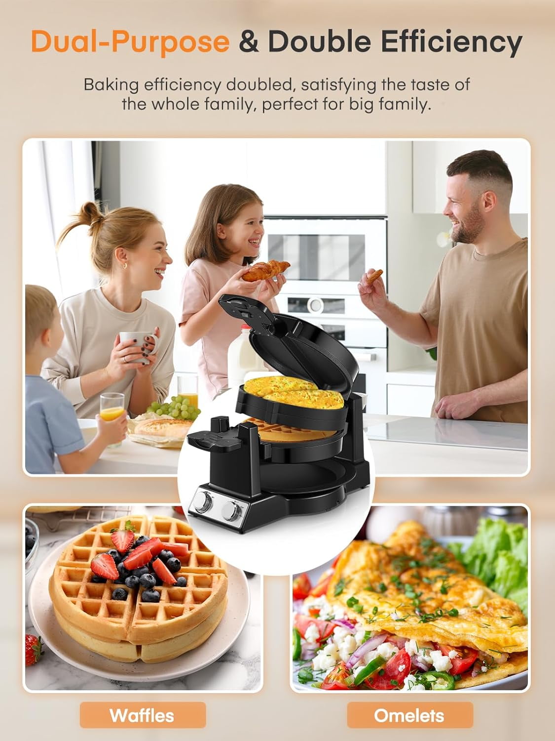 2-in-1 Omelette Maker & Waffle Maker, 1400W Flip Breakfast  with Nonstick Pans for Home Cooking