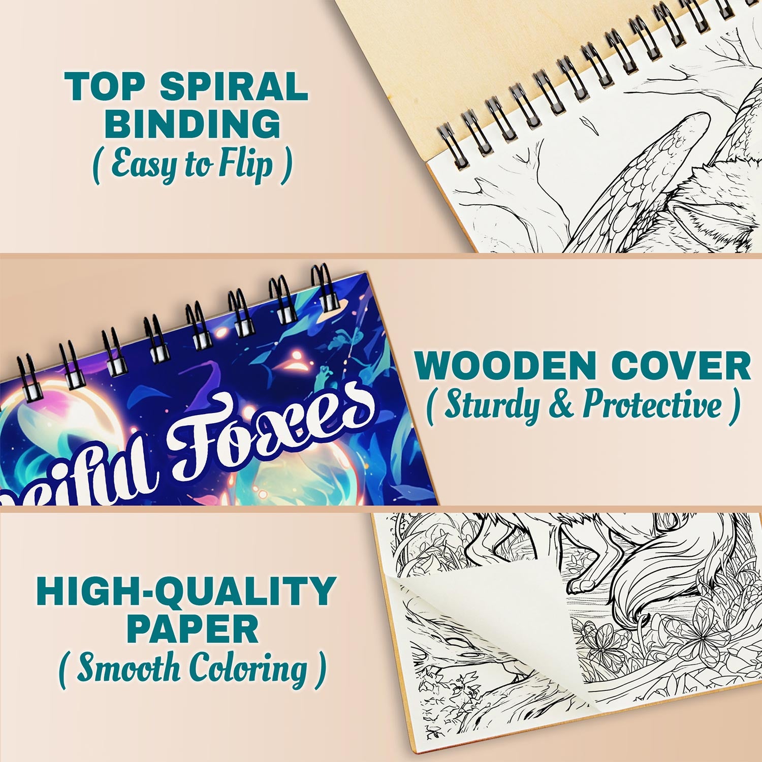 Netecom Fanciful Foxes Coloring Book Spiral Bound for Adults, A5 Wooden Cover, 30 Whimsical Coloring Pages of Wild Foxes for Stress Relief and Relaxation