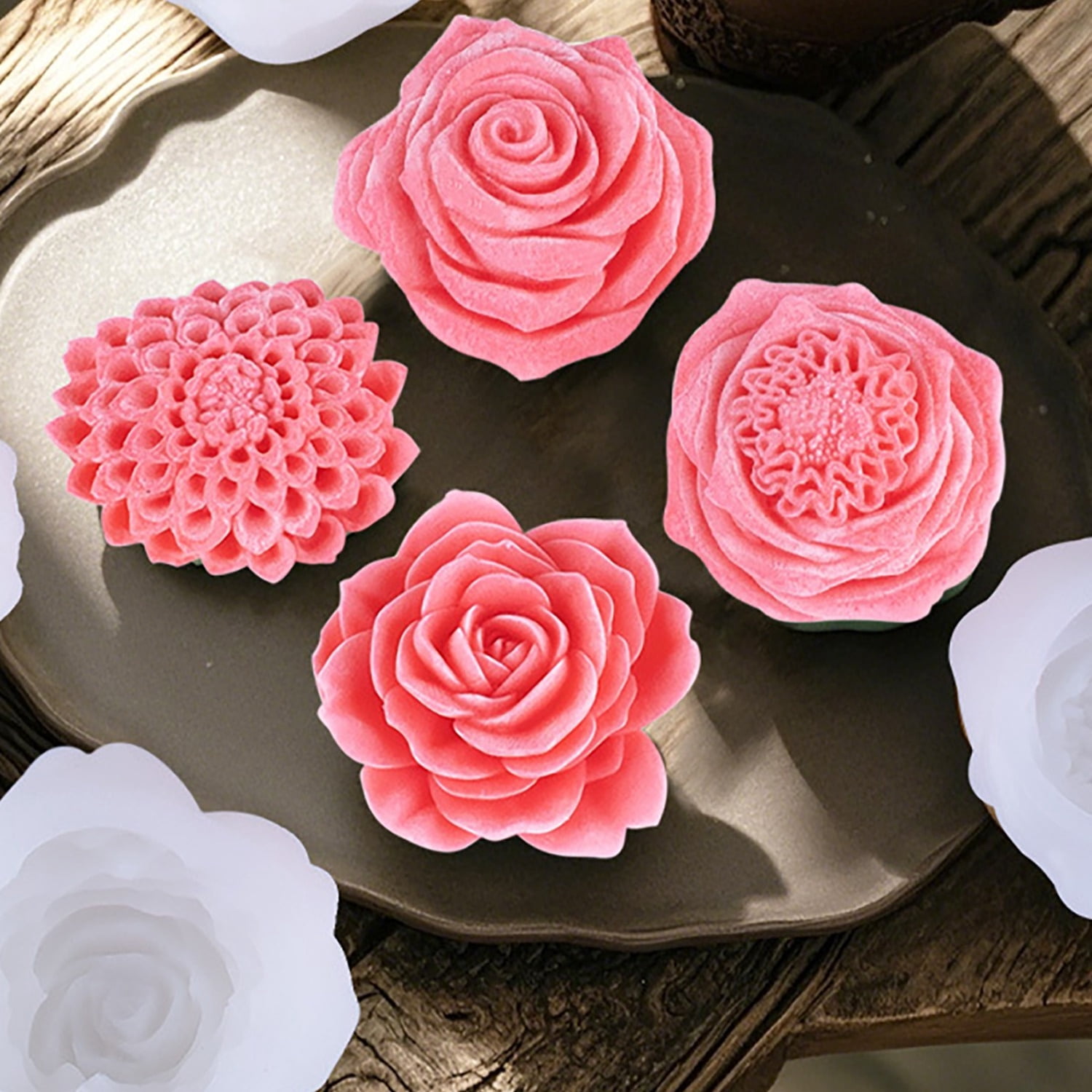 4Pcs Silicone Resin Molds, 3D Flower Silicone Cake Molds, Candle Casting Molds for Candle Making, Craft Molds for DIY Resin Candle Cake Making, Home & Wedding Decoration