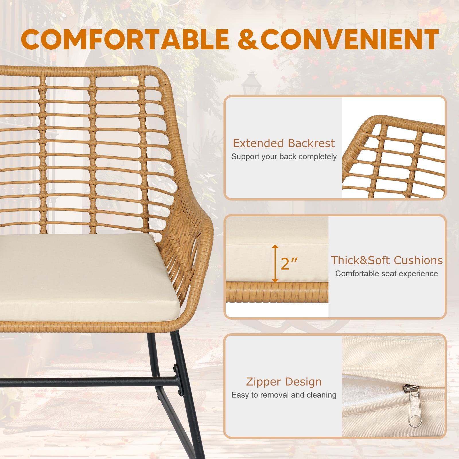 Tappio 4-Piece Rattan Patio Furniture Set, Outdoor Wicker Conversation Set with Tempered Glass Table, Beige