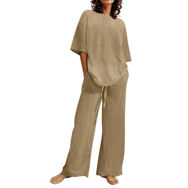 WEIYLL Womens Outfit Sets Two Piece Gradient Solid Color O Neck Short Sleeve Khaki Fall Outfit Suit ,size M