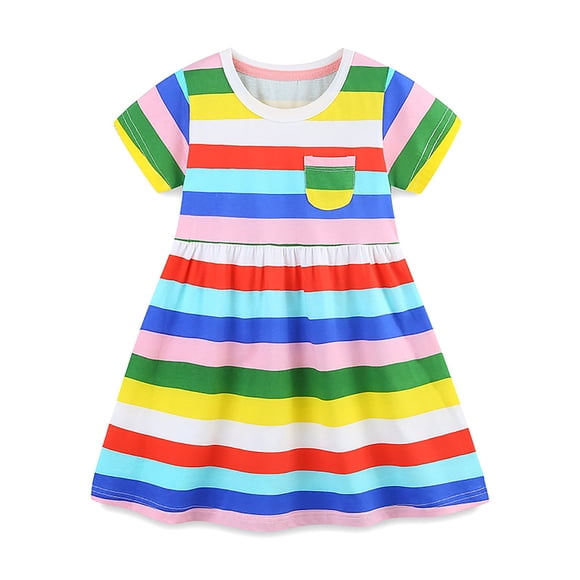 Robes Petite Fille Manches Courtes Rayures Arc-en-Ciel Imprimés Princesse Danse Fête Robe Vêtements Enfants Robe Fille Vêtements Taille 5-6T