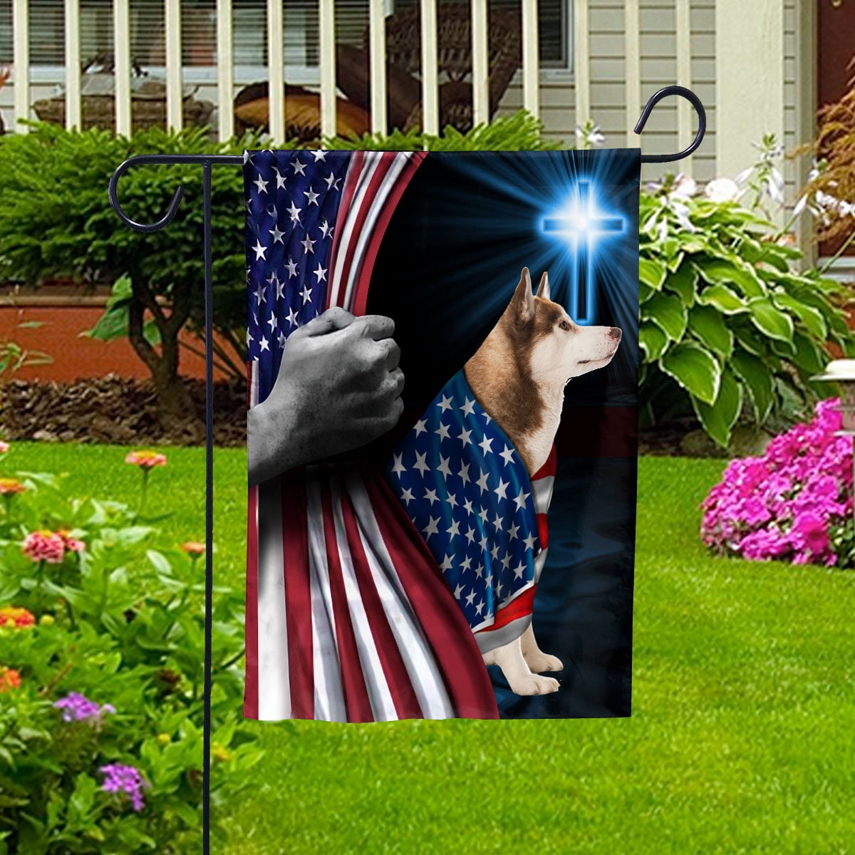 Hand Pulling USA Flag Husky Dog Wearing Flag American Standing under Cross Christian Patriotic House Flag (3x5) Double Sided- Premium Polyester-Decorative Indoor Outdoor Flag