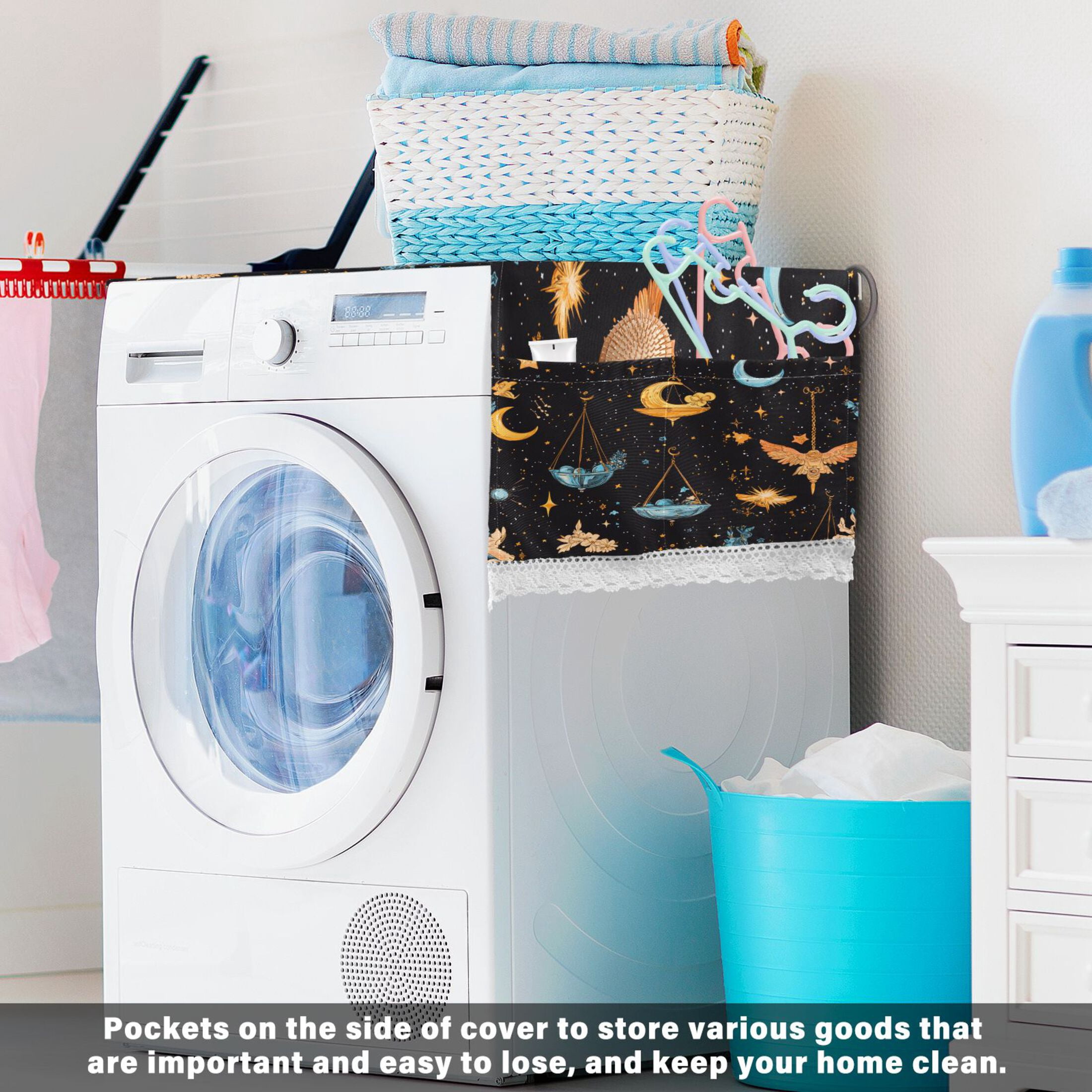 Cartoon Libra PatternWasher and Dryer Covers Dust-Proof and Oil Resistant Fridge Cover with 4 Storage Pockets Washing Machine Top Cover for Laundry Kitchen Home 51.2 x 22 In