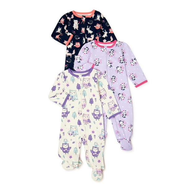 Wonder Nation Newborn Baby Girl Sleep and Play Pajamas, 3 Pack, Preemie