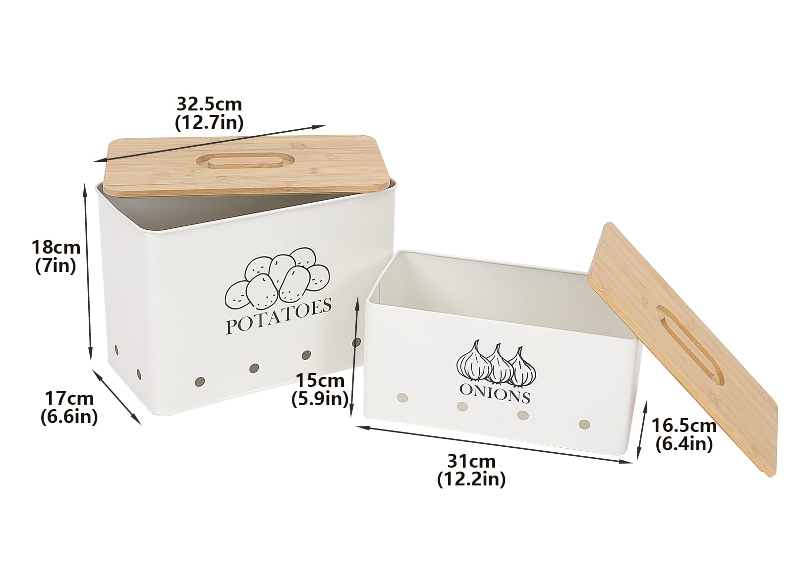 Pethiy Potato Onion Storage Canisters,Storage Bin For Kitchen 2 Pack Set,Potatoe, Potato Storage Box,Storage And Long Shelf Life with Aerating Tin Storage Holes,White
