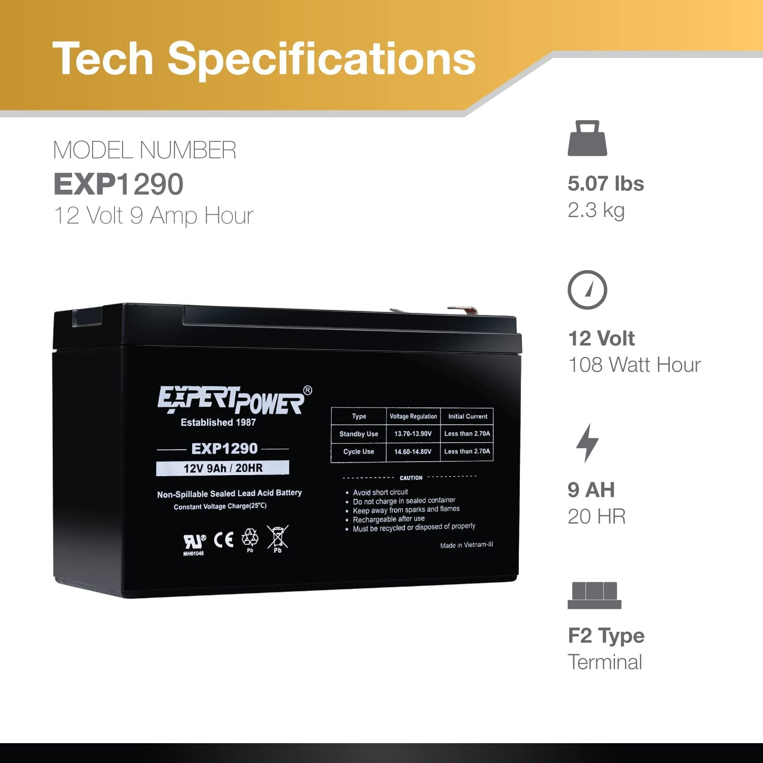 12v 9ah Sealed Lead Acid Battery with F2 Terminals (.250")/2 Pack