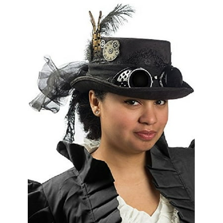Jacobson Hat Company Deluxe Velvet 4.25 Inch Steampunk Top Hat with Removable Goggles,Black,One Size