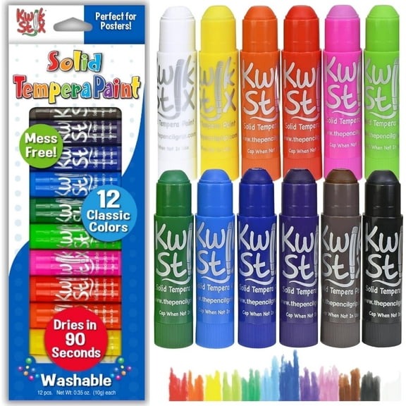 Kwik Stix Tempera Paint Sticks, 12 Count, Classic Colors, Washable, Quick-Drying, Non-Toxic