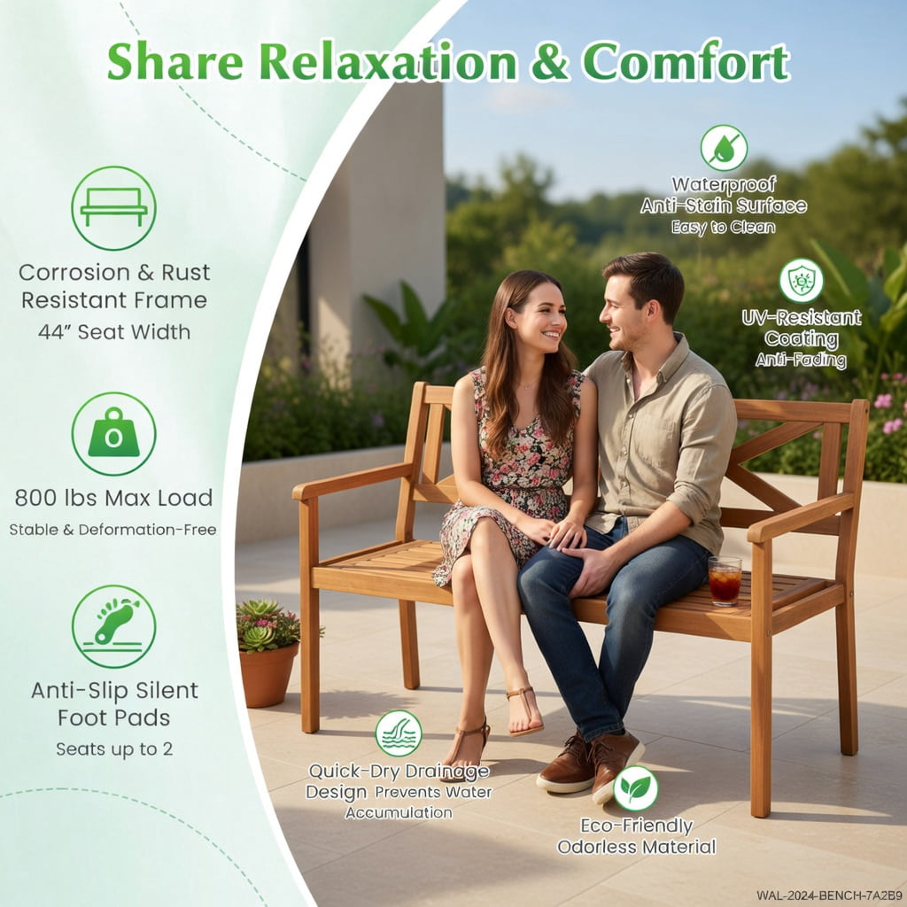 Hommoo 2-Person Acacia Wood Patio Bench with Armrests & Ergonomic Backrest, Teak Outdoor Garden Chair for Deck, Porch, Poolside, Natural