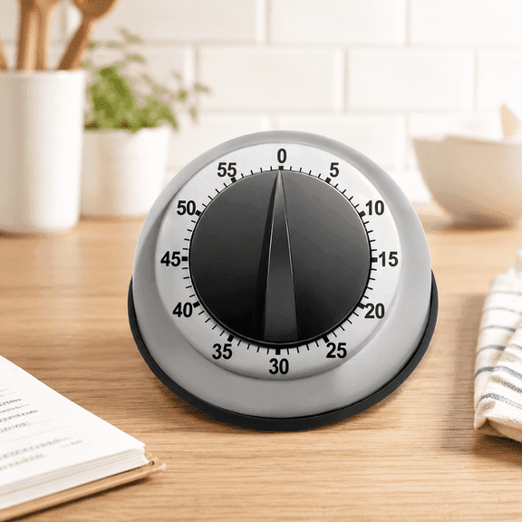 Mechanical Kitchen Timer – 60-Minute Countdown with Loud 85dB Alarm, Stainless Steel Body, Magnetic Backing, No Batteries Required for Cooking, Exercise, or Study
