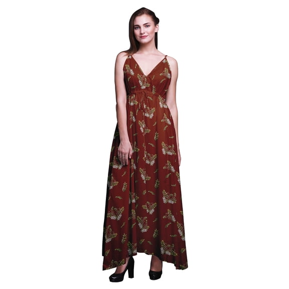 Bimba Leaves Women Summer Printed V Neck Long Maxi Dress Holiday Resort Wear-Medium