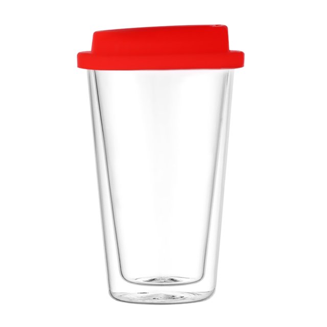 Taza de agua de doble pared aislada de 350 ml Taza de café de vidrio de silicona de grado alimenticio con tapa roja (diámetro 9 cm, altura 16 cm, diámetro inferior 6 cm, -20 ° C a 130 ° C)