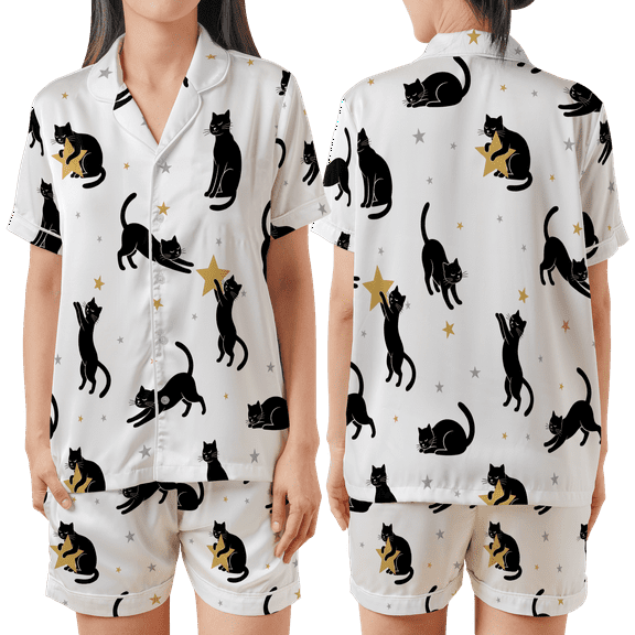 Lotusprinthandmade Cute Cats All-over Print Satin Short-Sleeve Pajamas Set (S) – Graphic Cats Pajamas