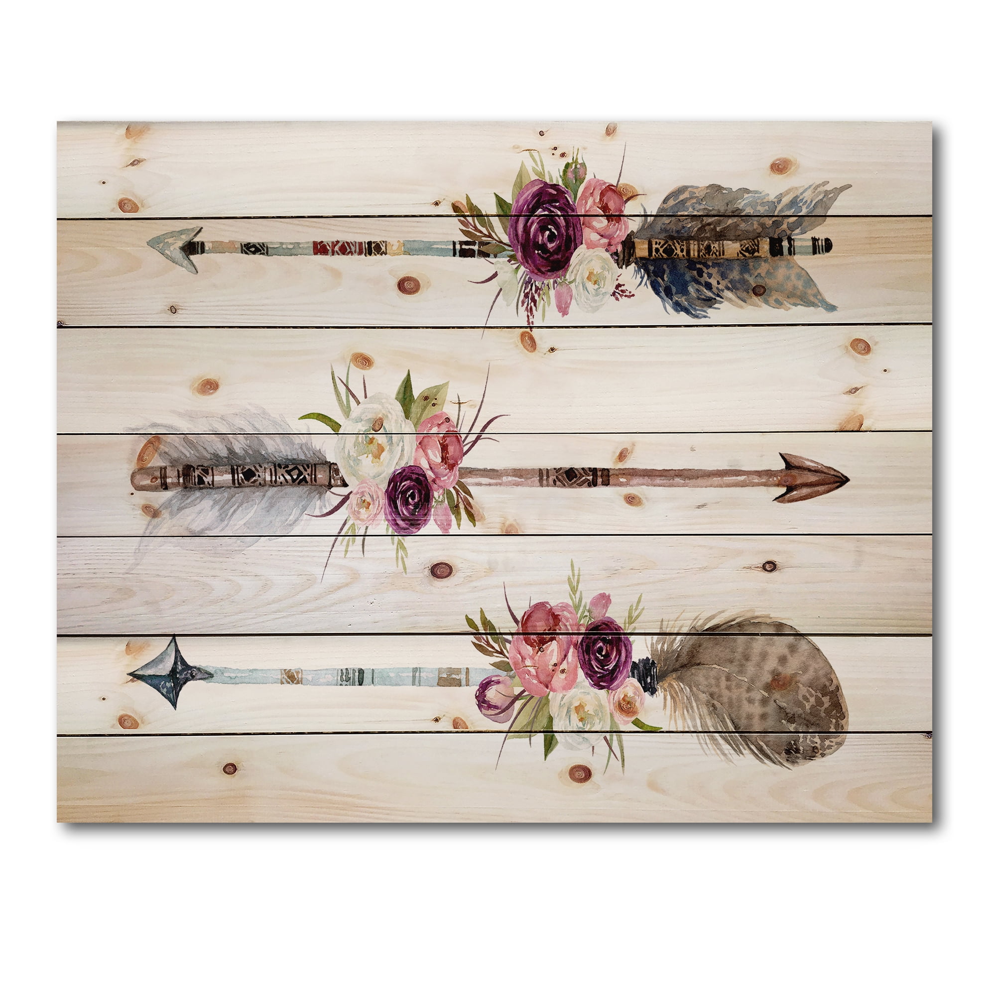 Designart 'Flowers and Ethnic Feathers On Native Arrows III' Bohemian & Eclectic Print on Natural Pine Wood