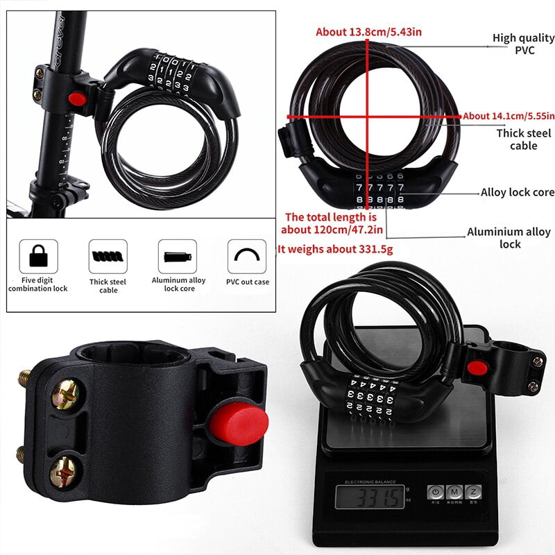 Bike Cable Lock 5 Digit Combination 1200mm Steel Anti Theft Security Lock for Bicycle Motorcycle Outdoor Use