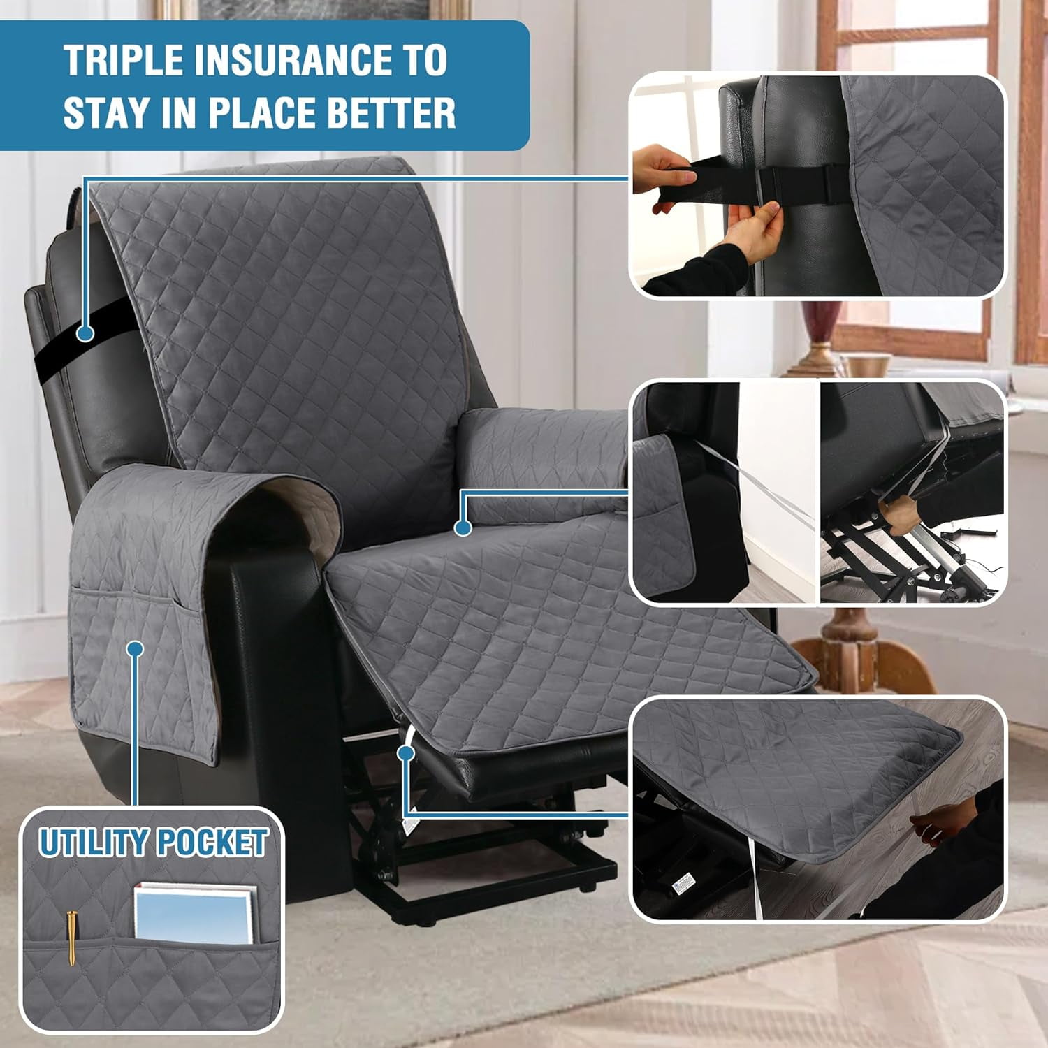 DEFNES Power Lift Recliner Chair Cover Waterproof Non Slip with Pockets Gray Walmart