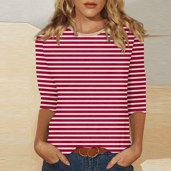 Womens Clothing Homenesgenics Womens Tops Plus Size Fashion Women's Striped Printed Blouses Three-Quarter Sleeve T-Shirt Round-Neck Tops Red M