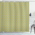 thumbnail image 1 of Abstract Shower Curtain, Round 4 Leaf Repeating Retro Circles Classic Vintage Feels, Fabric Bathroom Set with Hooks, 69W X 75L Inches Long, Mustard Slate Blue, by Ambesonne, 1 of 3