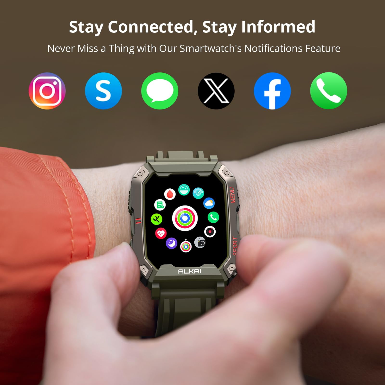 ALKAI Smart Watch Rugged and Military with 5ATM Waterproof Bluetooth Call(Answer/Dial Calls) AI Assistant, Long-Lasting Battery Life, Multiple Sports Tracking, 2.02'' HD Display