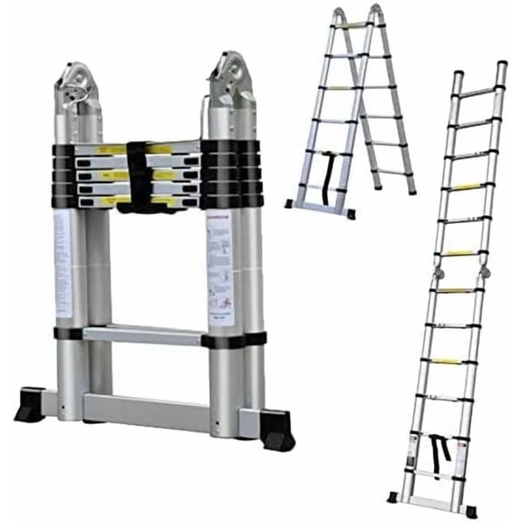 Aluminum Telescoping Ladder A-Frame 2 in 1 Versatile Ladder - 6 FT Herringbone or 12FT Standard, Multi-Purpose Folding Ladder for Home, Roof, Rv with Stabilizer Bar$$Tools