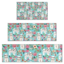 Bichon Dog Blue Florals Kitchen Rugs Sets Of 3,Kitchen Runner Rugs Non Skid Washable,Decorative Kitchen Floor Mats for Kitchen,Sink,Laundry,17"x30"  17"x47"   17"x59"
