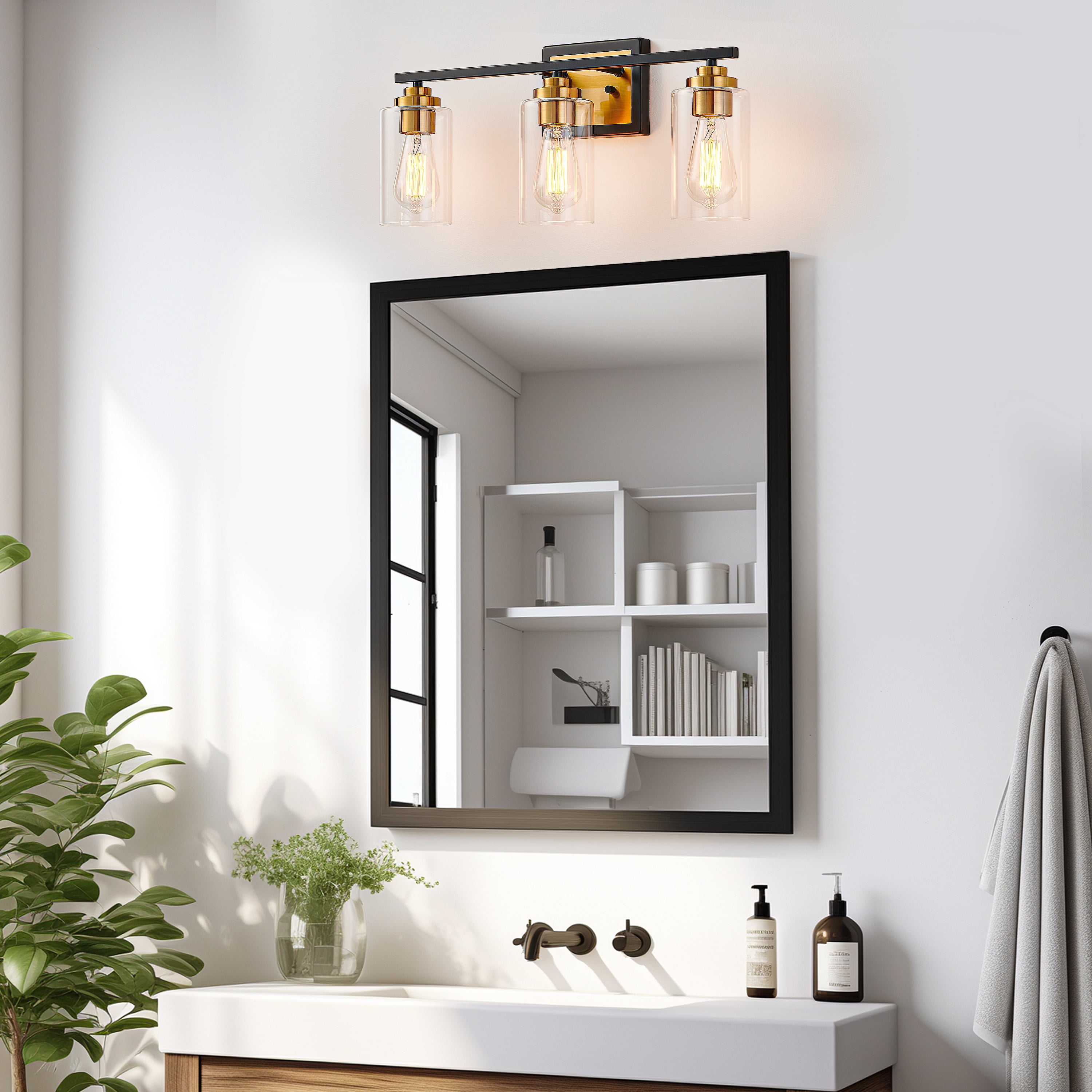 KAWOTI 22" 3-Light Black & Brass Vanity Light with Clear Glass Shade for Bathroom, Wall Mount Vanity Mirror Lighting