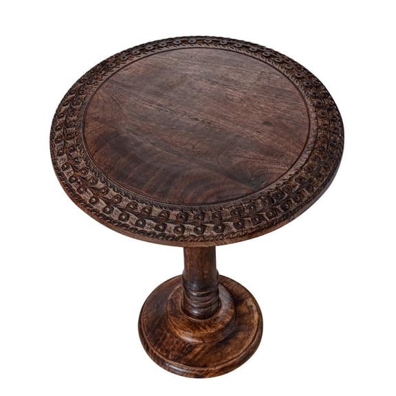 Farmhouse Side Table, Burnt Brown Carved Rim Solid Mango Wood Round End Table, Rustic Wooden Accent Table for Living Room, Bedroom & Sofa Side