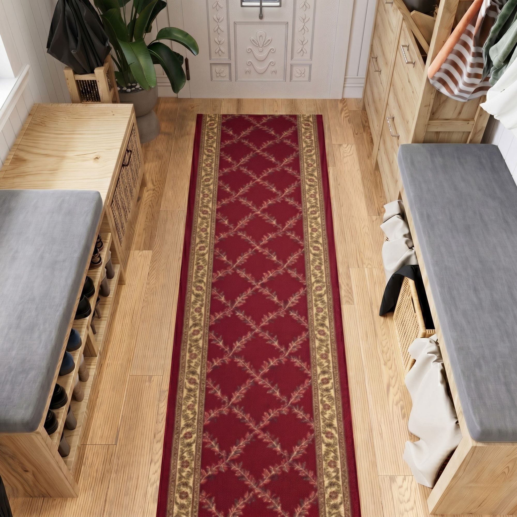 Ottomanson Extra Long Runner Rug 1'10.5" x 25' – Non-Slip Low Pile Hallway Carpet, Trellis Burgundy Red